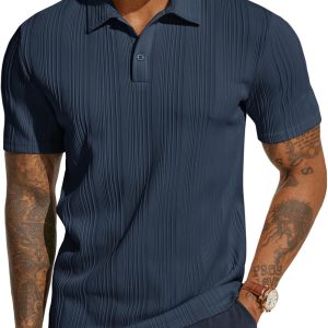 Mens Polo Shirts Textured Knit Polo Stretchy Regular Fit Collared Golf Shirts