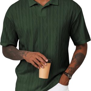 Mens Polo Shirt Textured Knit Button Casual Short Sleeve Summer Vacation Beach Stretchy Golf Shirts