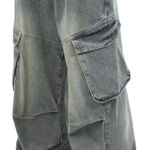 Men Teens Baggy Cargo Jeans Washed Wide Leg Hip Hop Denim Pants Casual Loose Fit Trousers Streetwear with Pocket