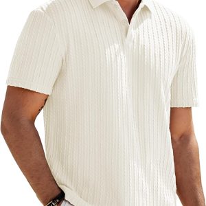 Mens Casual Polo Shirt Summer Short Sleeve Vacation Button Beach Knit Stretchy Golf Shirts