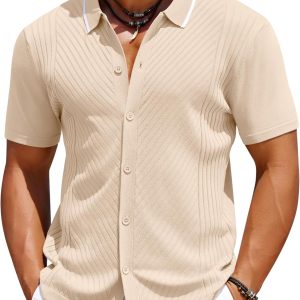 Men's Knit Short Sleeve Button Down Shirt Vintage Polo Shirt Casual Summer Beach Shirts